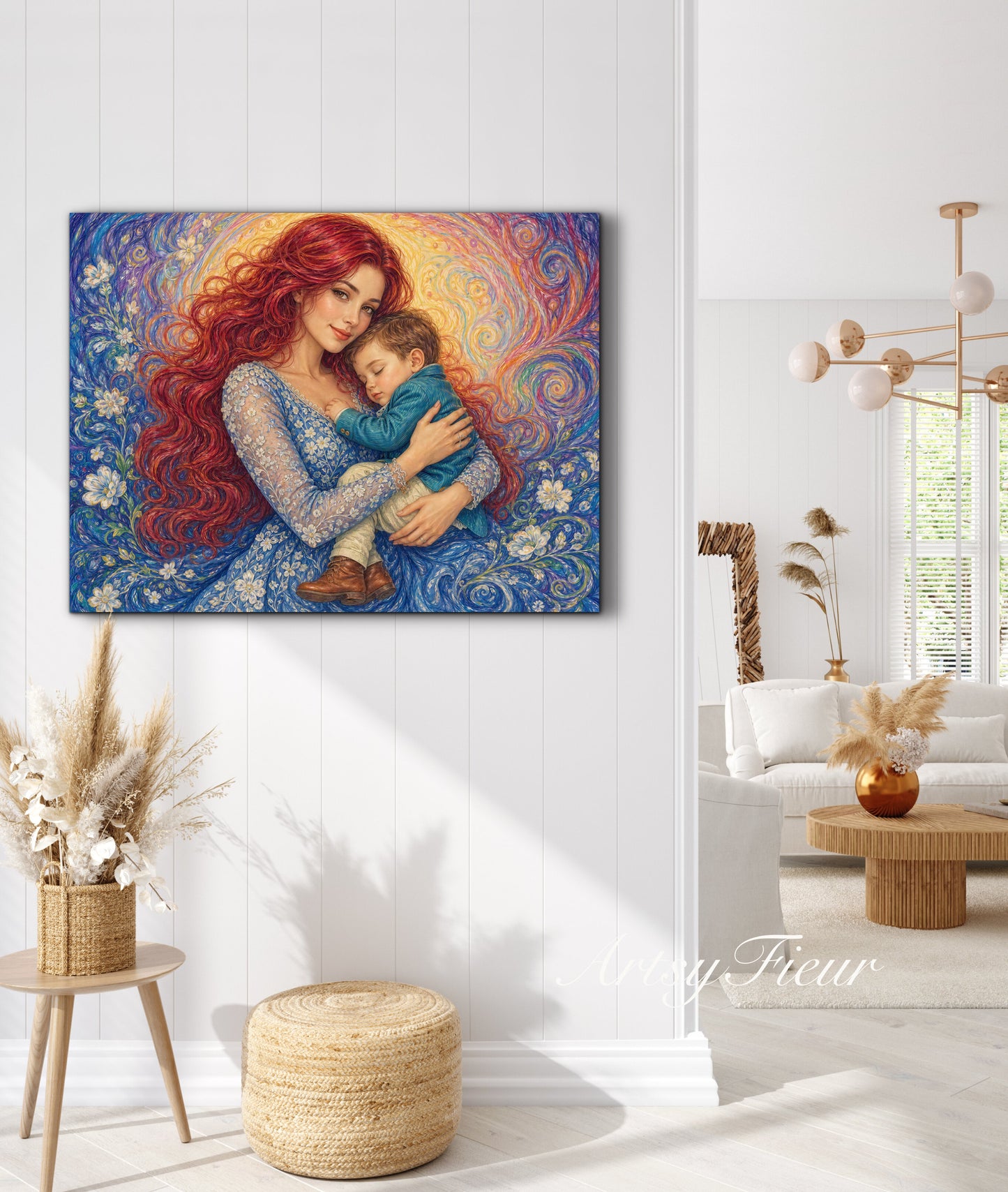 Framed canvas- ready to hang wall art print, vibrant colours crayon drawing abstract portrait mother and son, mother and baby boy, dark hair beautiful red hair woman , mothers day gilt, unique original artwork