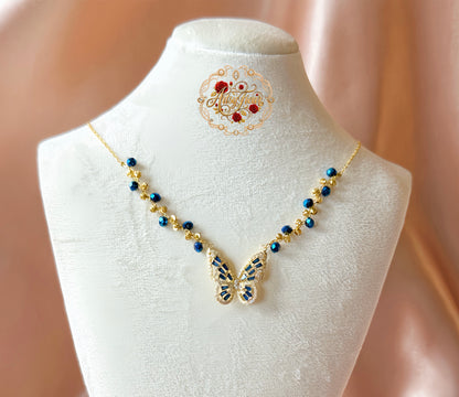 Blue Butterfly Necklace Handmade Braided Beaded Necklace | Deep Blue Crystal |18k Gold Plated | Hypoallergenic