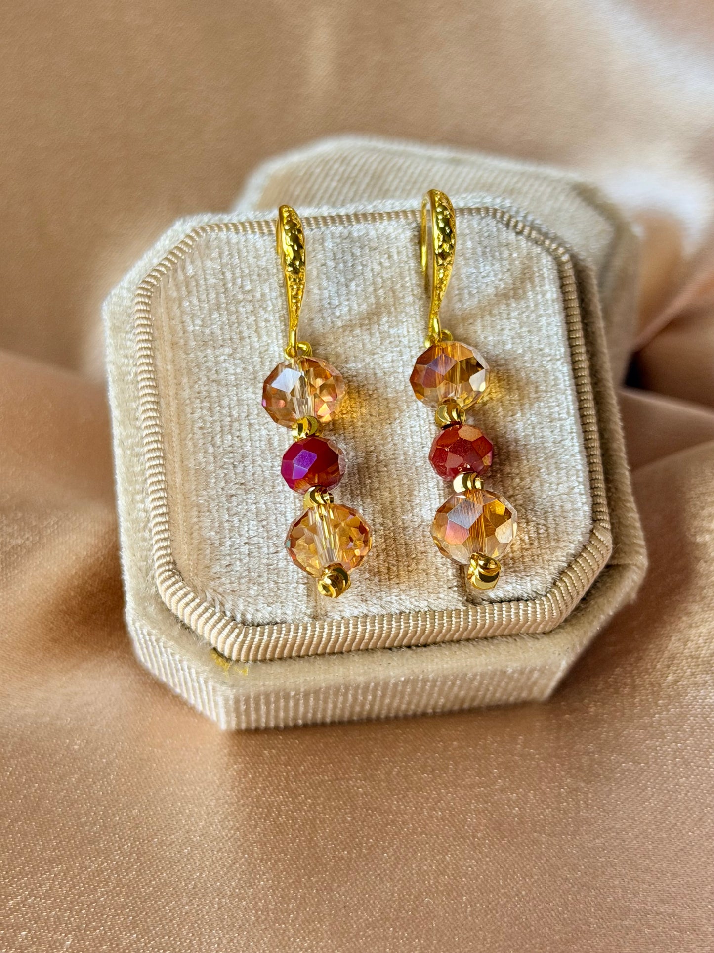 Handmade Long Drop Earrings Champagne Red Crystal Hypoallergenic Vibrant colours