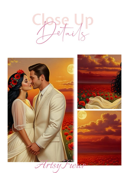 Framed canvas- whimsical full moon sunset bride and groom, wedding, poppy field, vibrant colours living room original artwork, fantasy oil painting wall art print