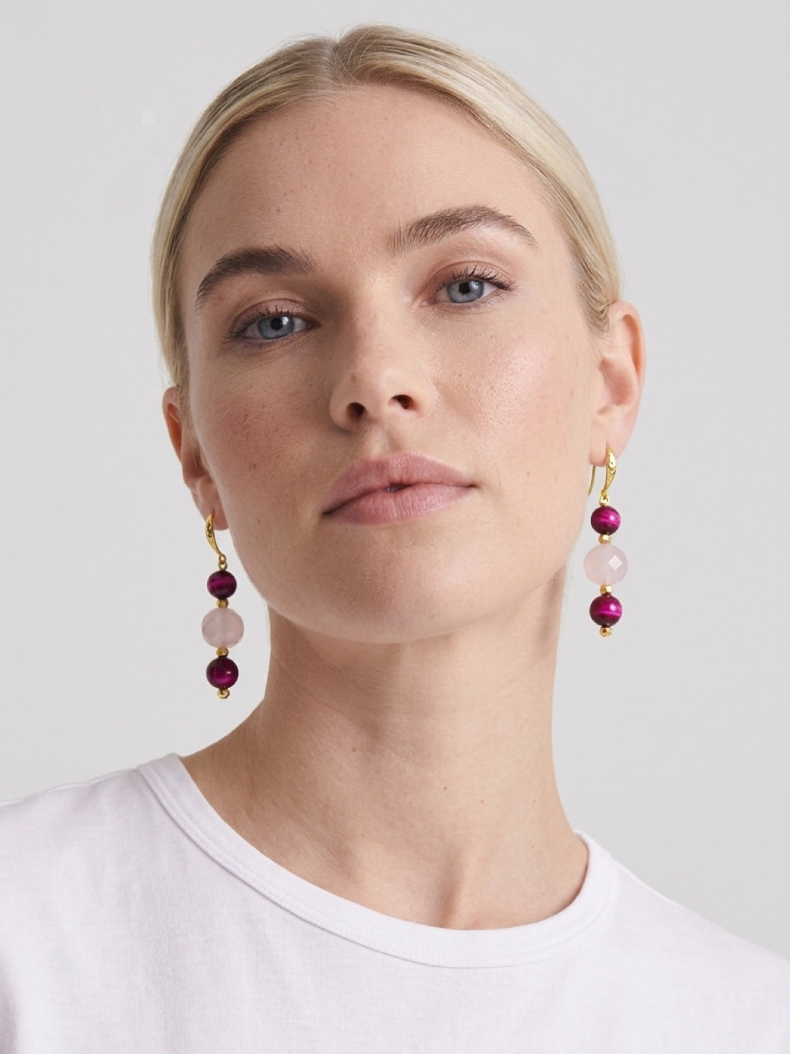 Handmade Rose Quartz Earrings Pink Tigers Eye Gemstone Long Drop Dangle Earrings Hypoallergenic