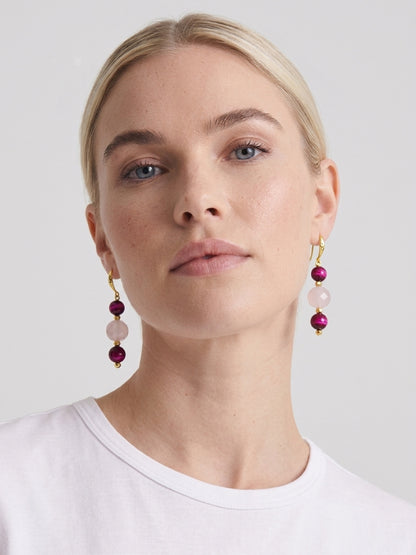 Handmade Rose Quartz Earrings Pink Tigers Eye Gemstone Long Drop Dangle Earrings Hypoallergenic