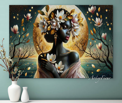 Framed Canvas- Vibrant Magnolia Flowers Beautiful Black Woman’s Abstract Portrait Mosaic Original Artwork Fantasy Wall Art Print