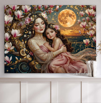 Framed Canvas- Vibrant Magnolia Flowers Mother and Daughter Portrait Original ArtworkFantasy Wall Art
