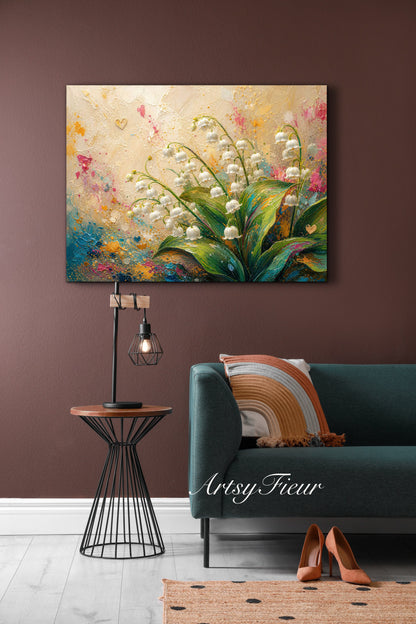Framed Canvas Print- Vibrant Wildflowers and lily of the valley Oil Painting Textured Wall Art , Beautiful Original Artwork Ready to Hang Living Room, Floral