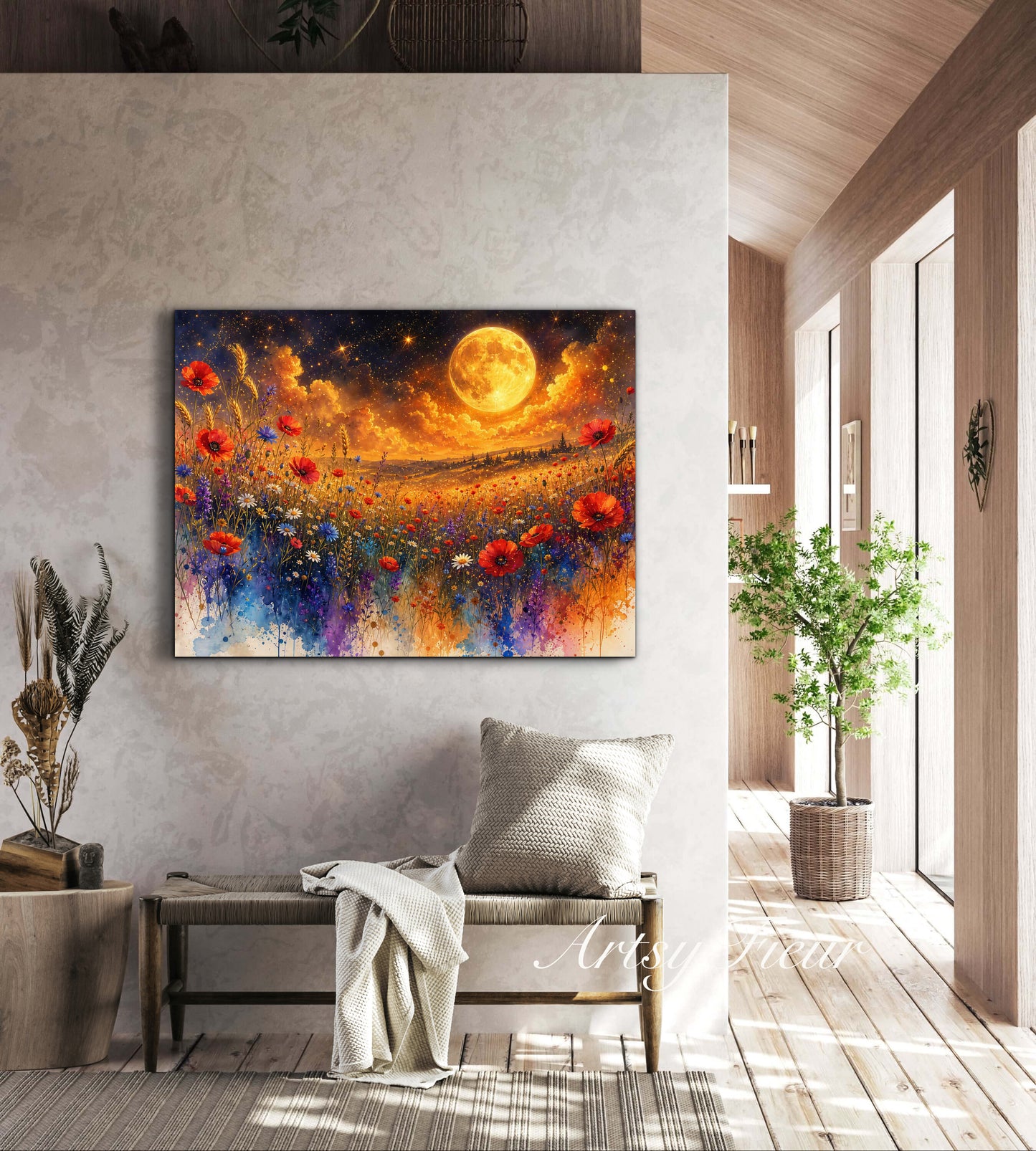 Framed Canvas Print- Vibrant Wildflowers and Poppies Oil Painting Textured Wall Art , Beautiful Original Artwork Ready to Hang Living Room, Floral