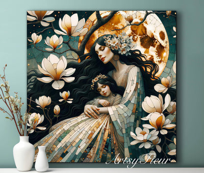Framed canvas- ready to hang wall art print, abstract mother and daughter portrait Mosaic Magnolia Flowers Whimsical Full Moon