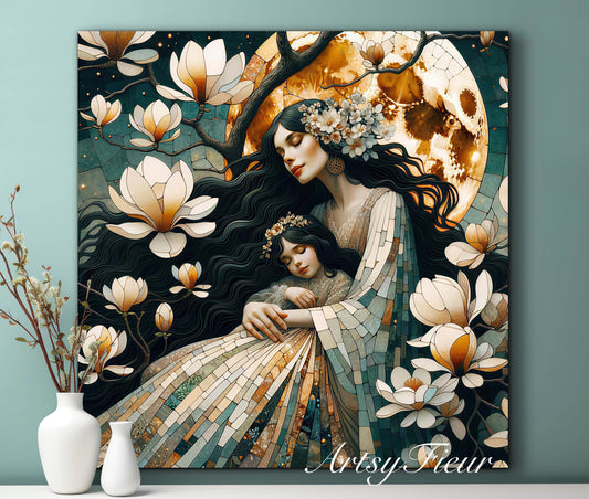 Framed canvas- ready to hang wall art print, abstract mother and daughter portrait Mosaic Magnolia Flowers Whimsical Full Moon