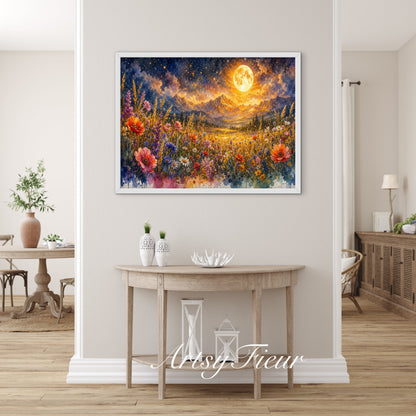 Framed canvas- vibrant full moon starry night sky colourful wildflowers floral wall art living room