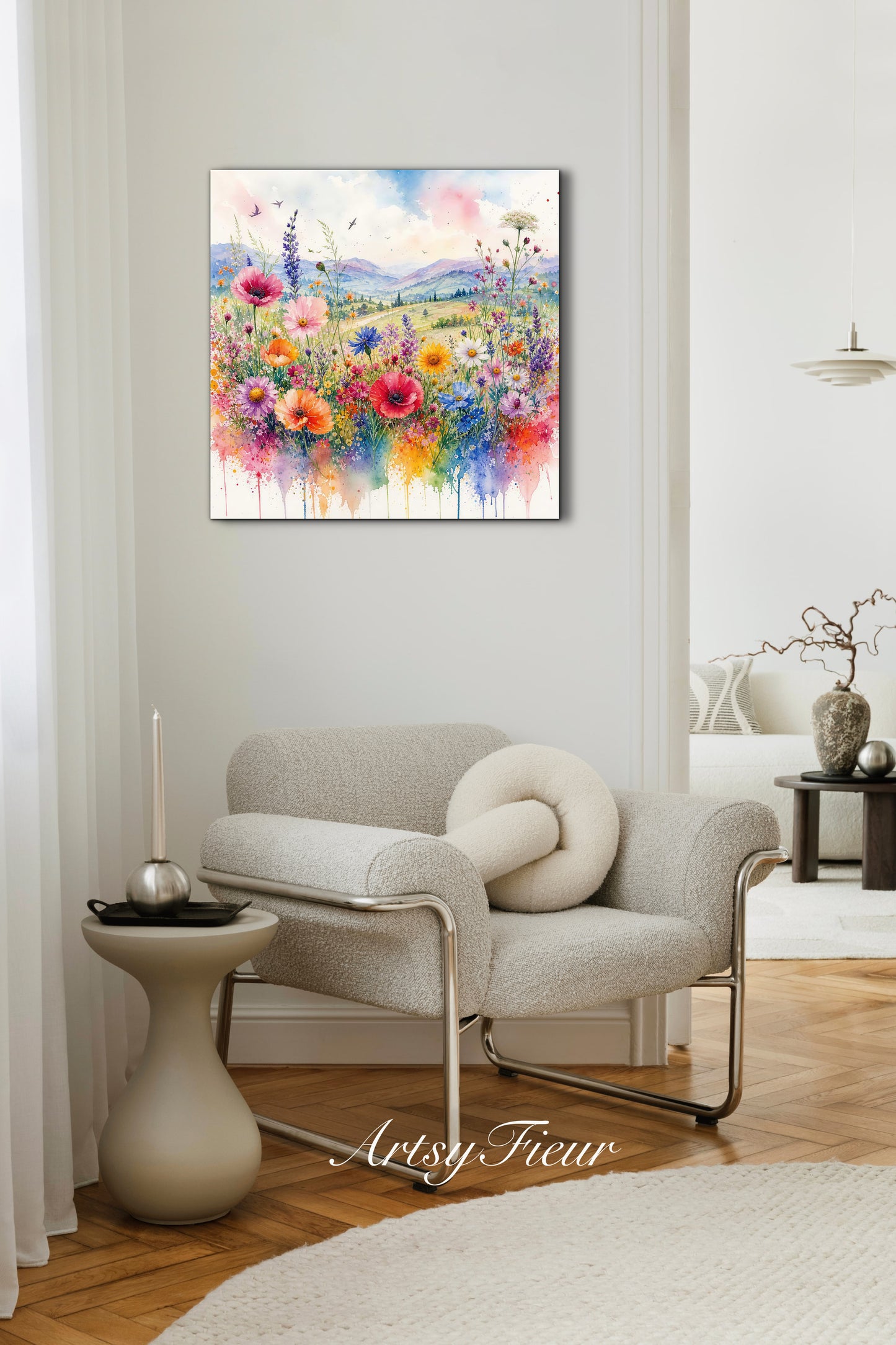 Framed Canvas- Original Artwork Vibrant Colours Wildflowers Watercolour Painting Abstract Colourful Landscape Living Room Wall Art Print
