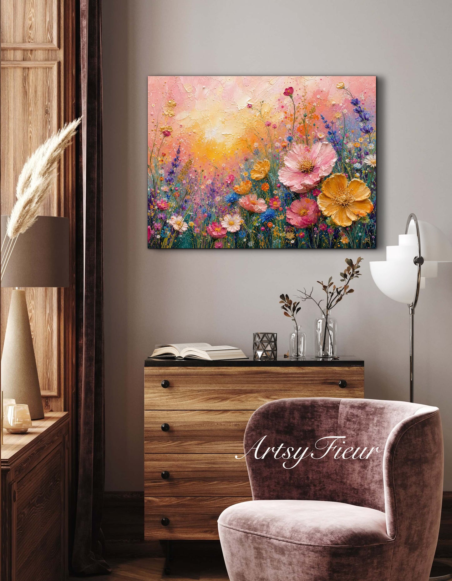 Framed Canvas Print- Vibrant Wildflowers Oil Painting Textured Wall Art , Beautiful Original Artwork Ready to Hang Living Room, Floral