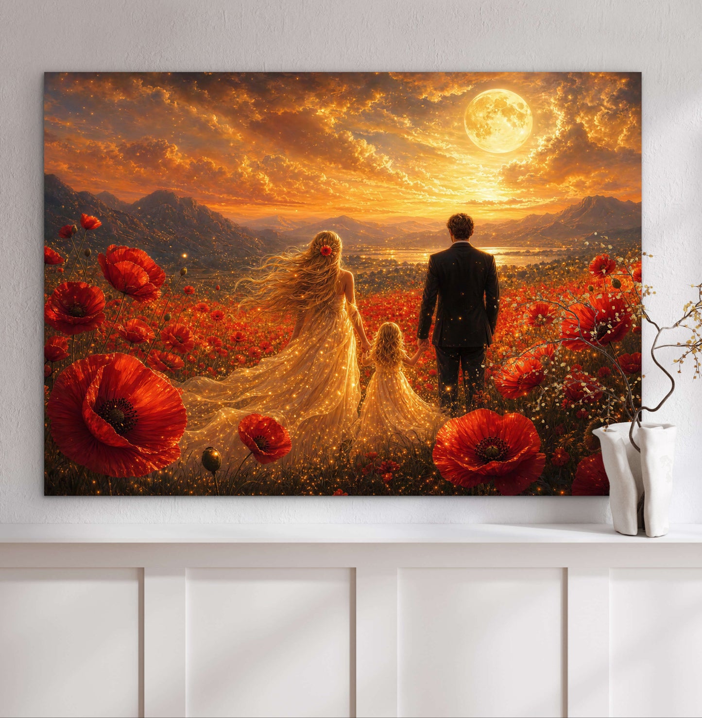 Framed Canvas Vibrant Poppies- Whimsical full moon fantasy oil painting Wedding celebration mother and daughter beautiful family portrait Original wall art print
