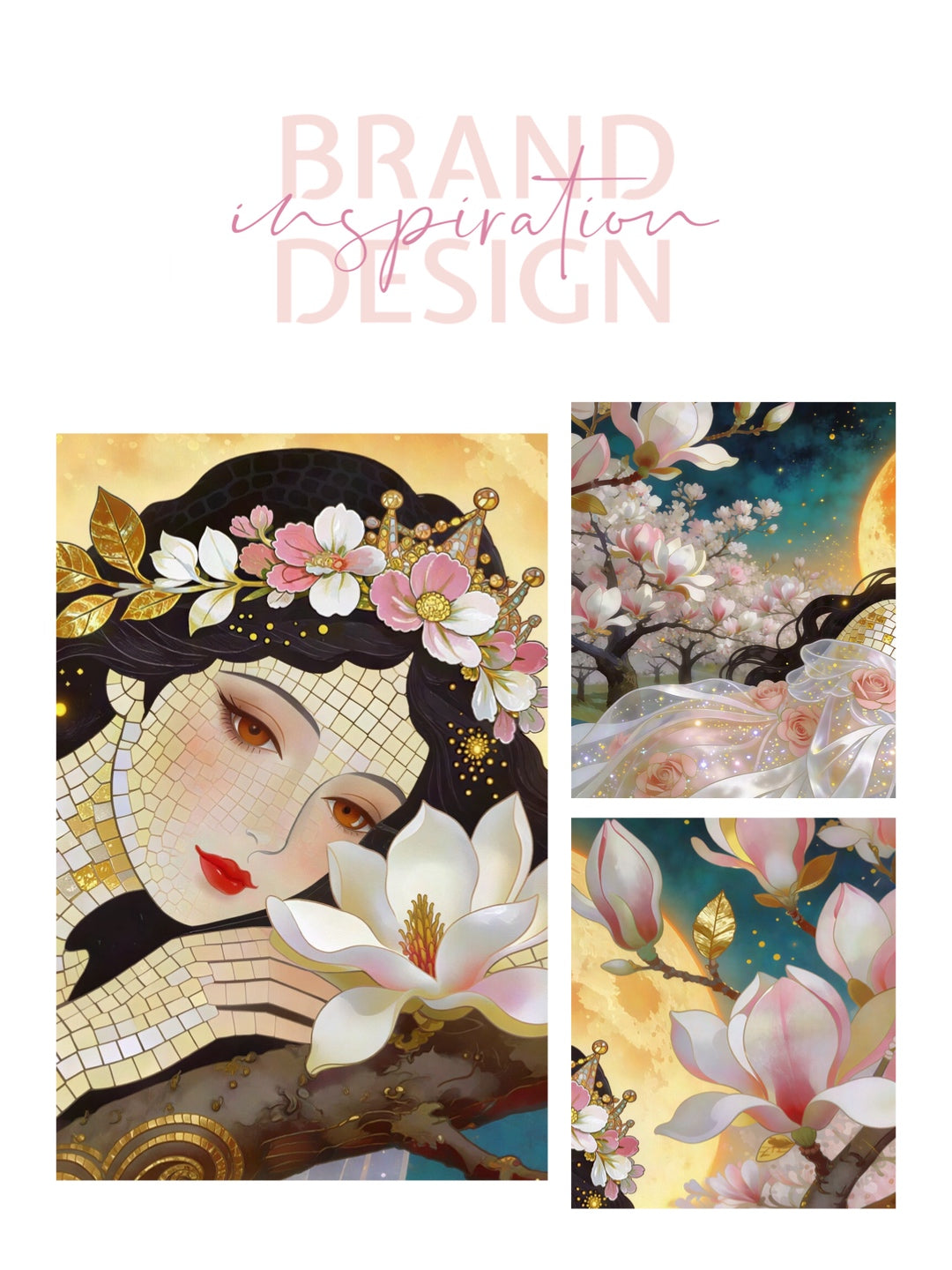 Framed Canvas- Vibrant Magnolia Flowers Beautiful Brunette Woman’s Abstract Portrait Mosaic Original Artwork Fantasy Wall Art Print