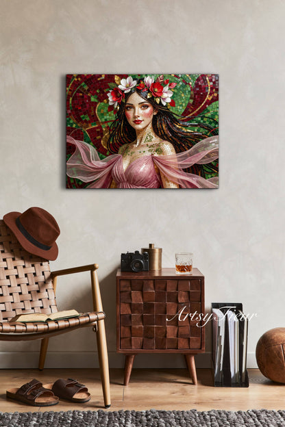 Framed Canvas- Vibrant Magnolia Flowers Beautiful Brunette Woman’s Abstract Portrait Mosaic Original Artwork Fantasy Wall Art Print