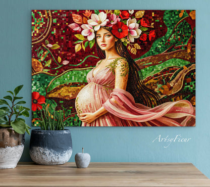 Framed Canvas- Vibrant Magnolia Flowers Beautiful Brunette Pregnant Woman’s Abstract Portrait Mosaic Original Artwork Fantasy Wall Art Print Mother Nature