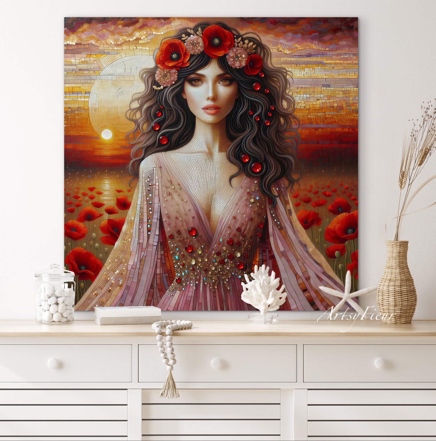Framed canvas- Original Artwork Vibrant Poppies watercolour floral painting beautiful brunette woman ready to hang wall art print, abstract portrait