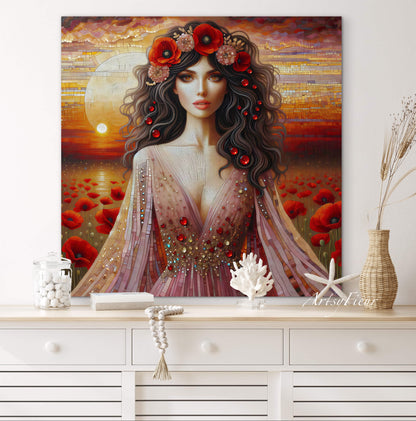 Framed canvas- Original Artwork Vibrant Poppies watercolour floral painting beautiful brunette woman ready to hang wall art print, abstract portrait