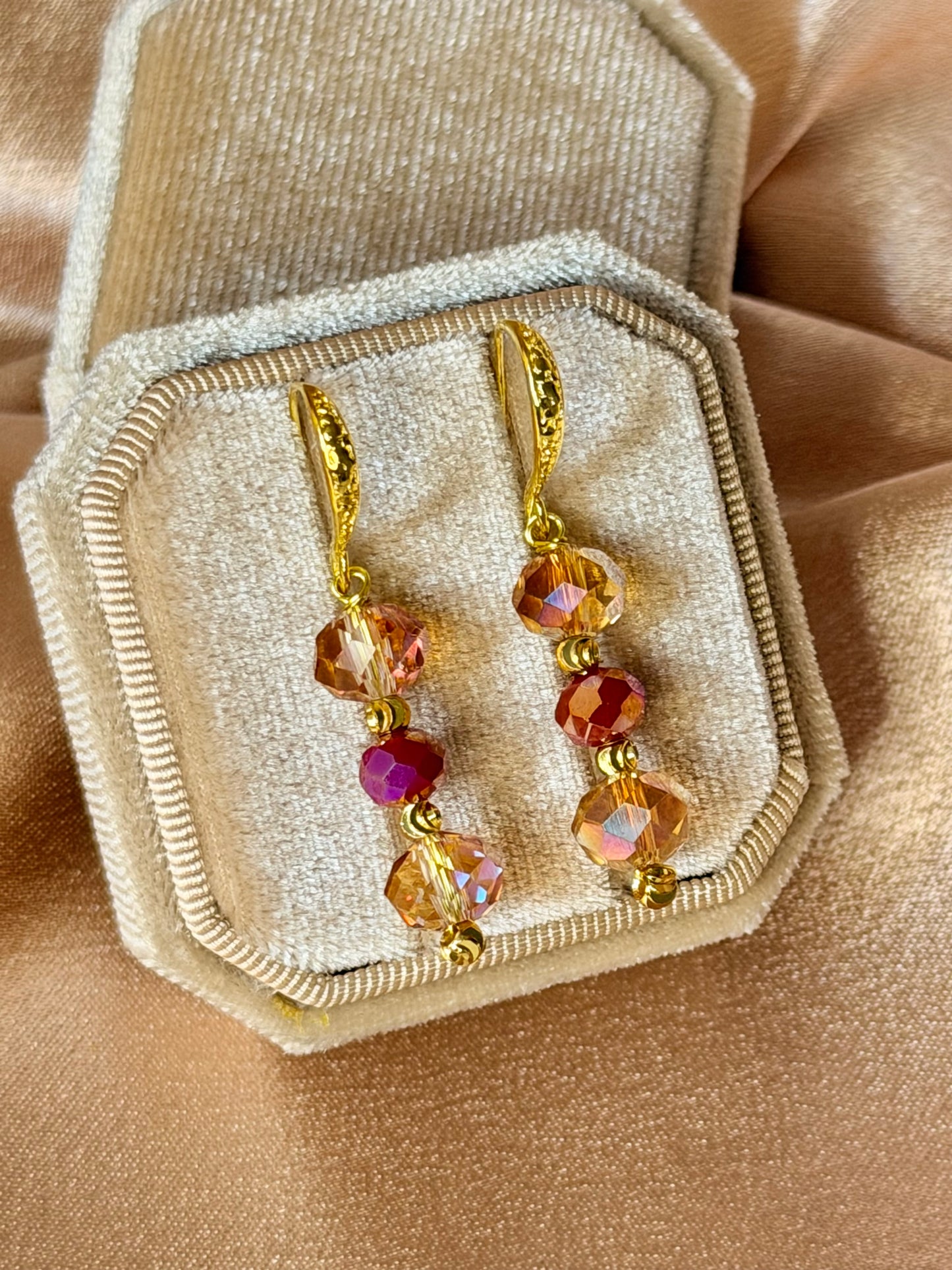 Handmade Long Drop Earrings Champagne Red Crystal Hypoallergenic Vibrant colours