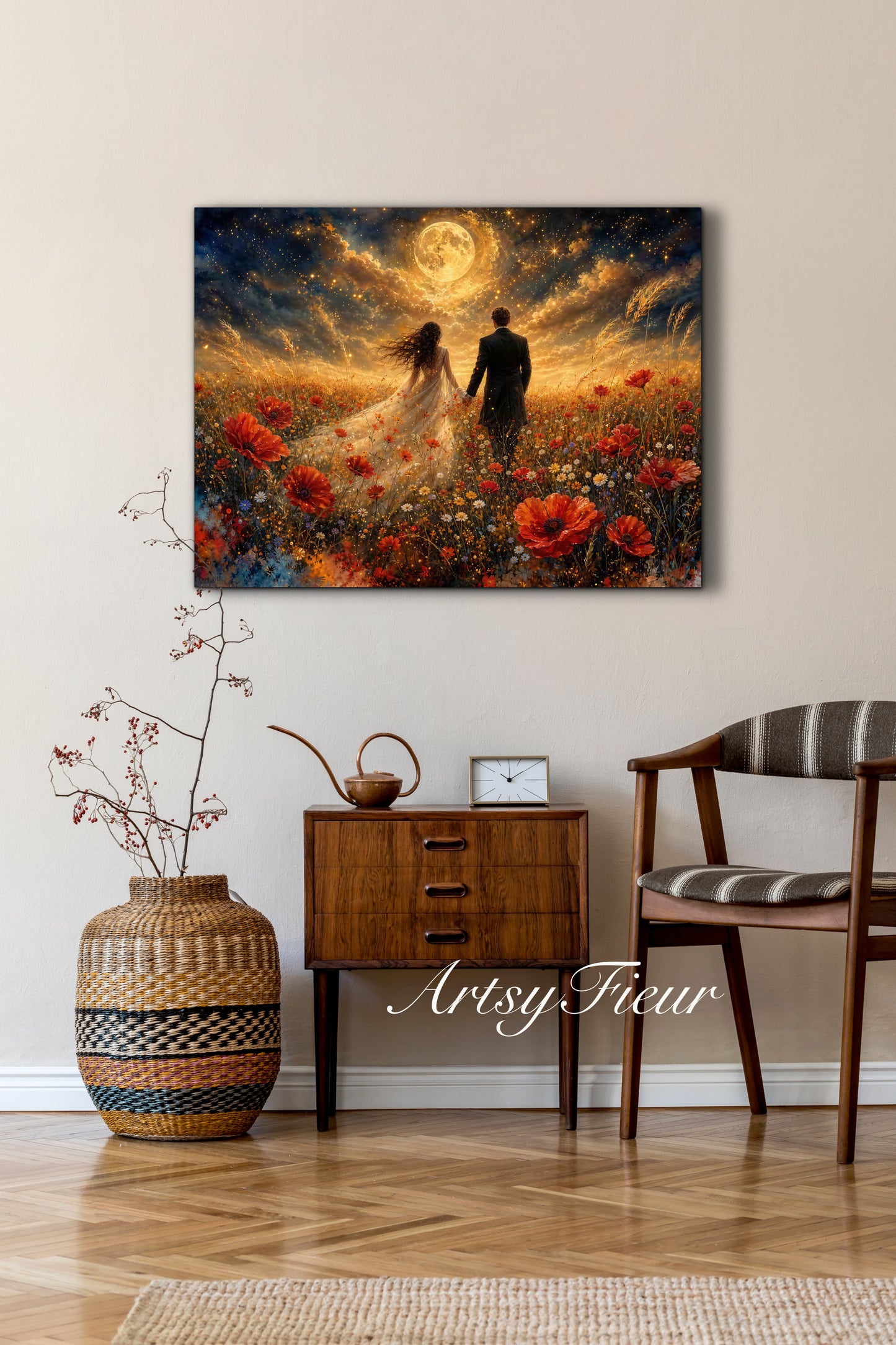 Framed canvas- whimsical full moon sunset -bride and groom, wedding gift, fantasy oil painting bedroom wall art print floral poppies field colourful vibrant colours