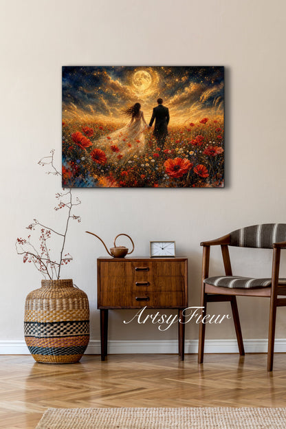 Framed canvas- whimsical full moon sunset -bride and groom, wedding gift, fantasy oil painting bedroom wall art print floral poppies field colourful vibrant colours