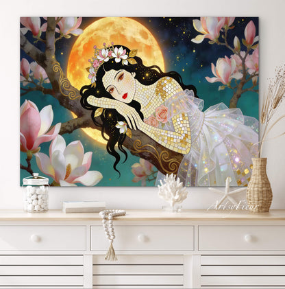 Framed Canvas- Vibrant Magnolia Flowers Beautiful Brunette Woman’s Abstract Portrait Mosaic Original Artwork Fantasy Wall Art Print Mother Nature