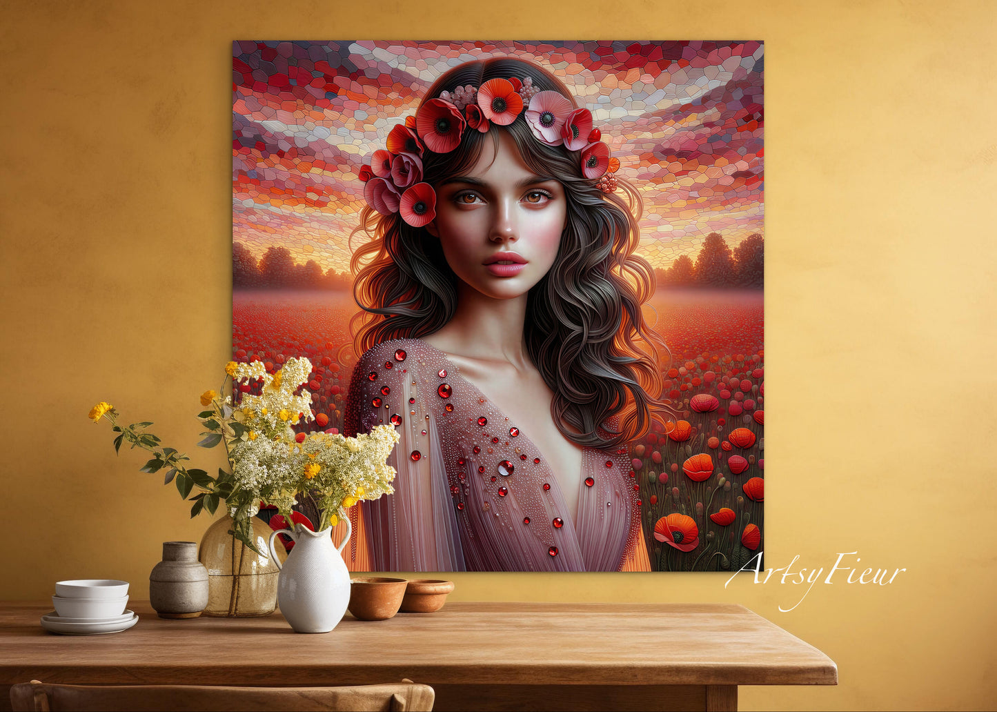 Framed canvas- Original Artwork Vibrant Poppies watercolour floral painting beautiful brunette woman ready to hang wall art print, abstract portrait