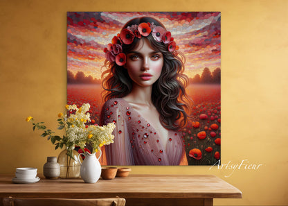 Framed canvas- Original Artwork Vibrant Poppies watercolour floral painting beautiful brunette woman ready to hang wall art print, abstract portrait
