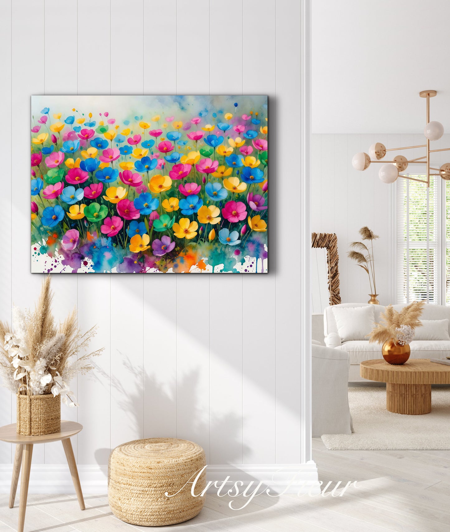 Framed canvas- ready to hang wall art print, beautiful vibrant colours watercolour fantasy painting wildflowers ,floral landscape, unique gift, one of a kind original artwork