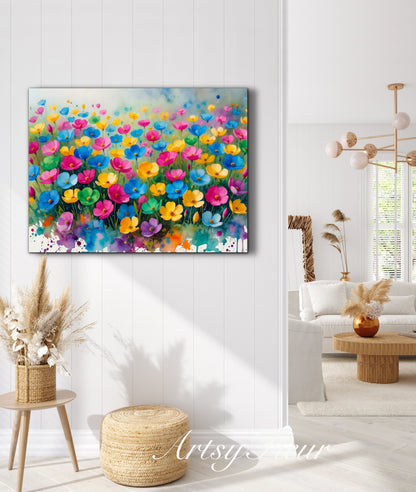 Framed canvas- ready to hang wall art print, beautiful vibrant colours watercolour fantasy painting wildflowers ,floral landscape, unique gift, one of a kind original artwork