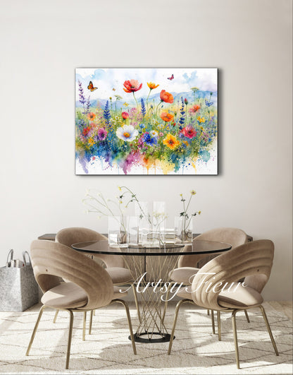 Framed canvas- ready to hang wall art print, beautiful vibrant colours watercolour fantasy painting wildflowers ,floral landscape, unique gift, one of a kind original artwork