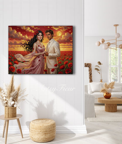 Framed canvas- whimsical full moon sunset bride and groom, wedding, poppy field, vibrant colours living room original artwork, fantasy oil painting wall art print