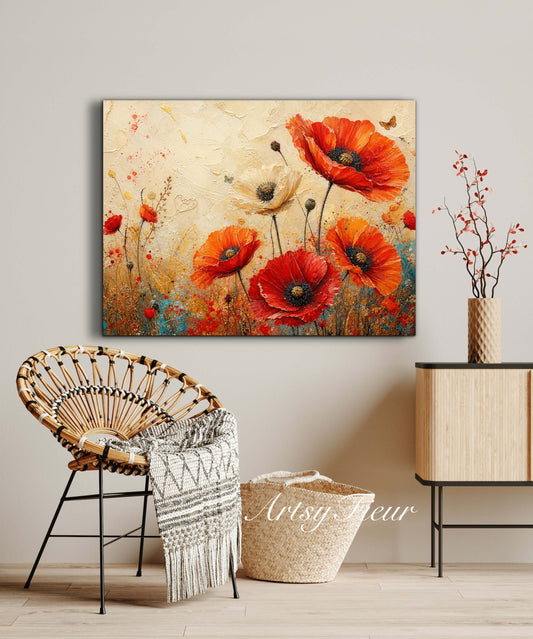 Framed Canvas- Beautiful Vibrant Poppies Abstract Oil Painting Floral Canvas Print Colourful Living Room Wall Art