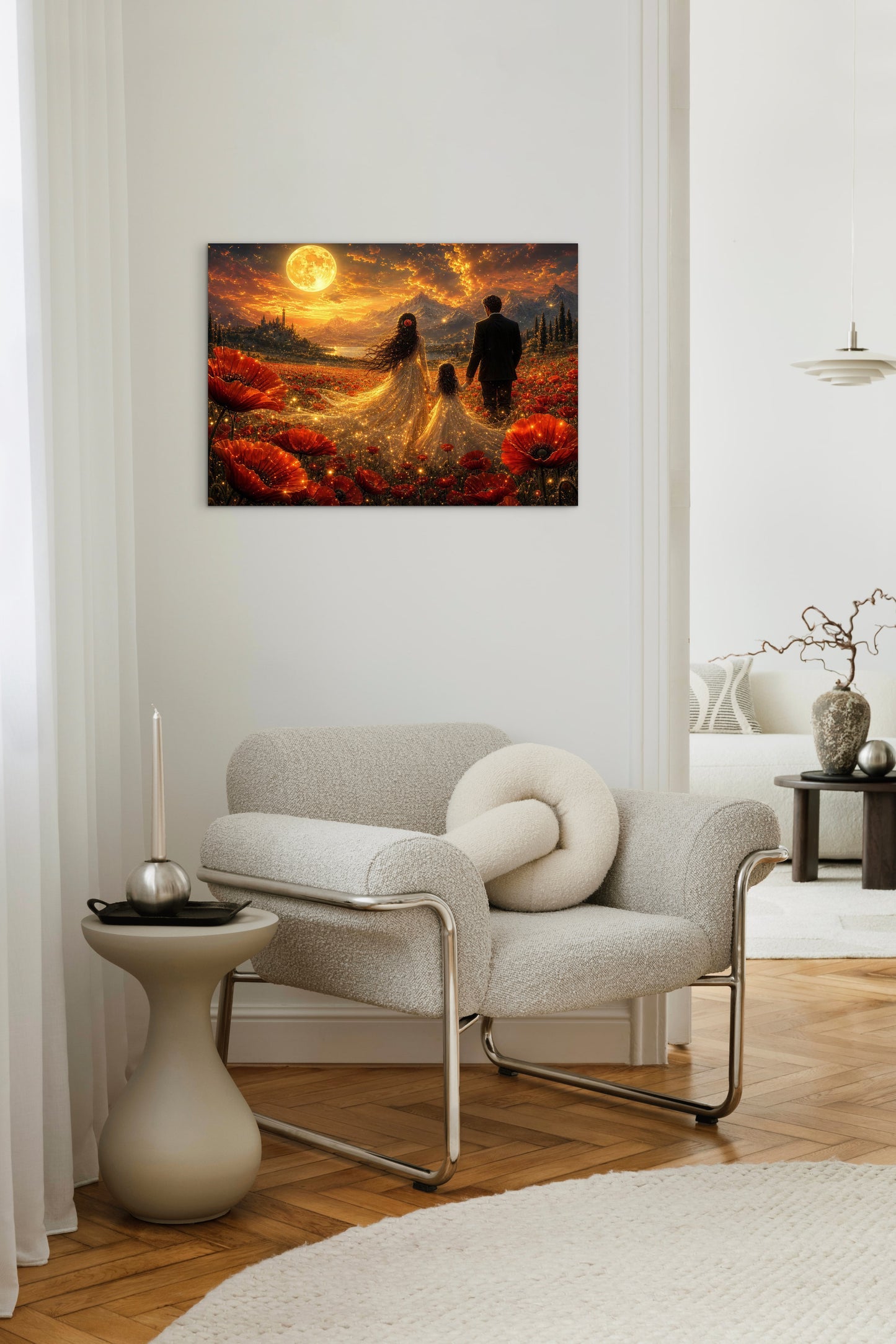 Framed Canvas Vibrant Poppies- Whimsical full moon fantasy oil painting Wedding celebration mother and daughter beautiful family portrait Original wall art print