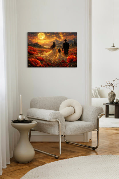 Framed Canvas Vibrant Poppies- Whimsical full moon fantasy oil painting Wedding celebration mother and daughter beautiful family portrait Original wall art print