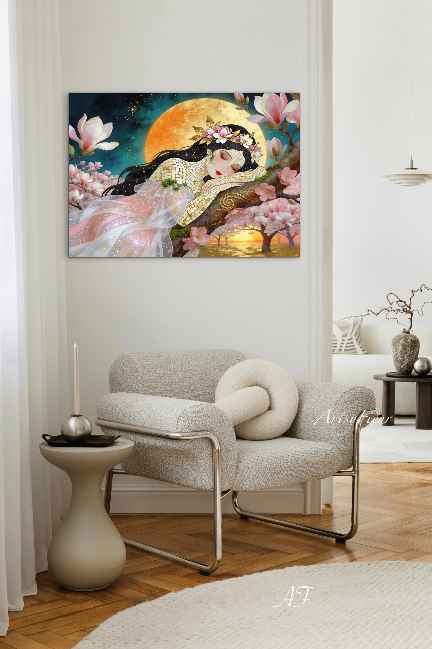 Framed Canvas- Vibrant Magnolia Flowers Beautiful Brunette Woman’s Abstract Portrait Mosaic Original Artwork Fantasy Wall Art Print Mother Nature