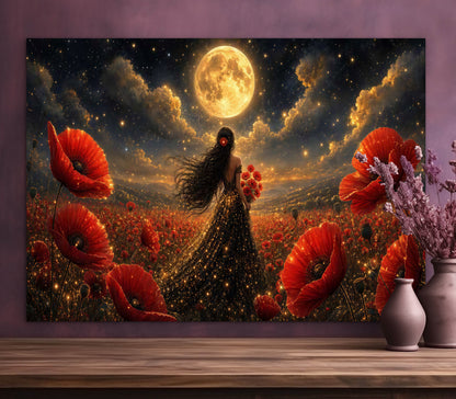 Framed Canvas - Vibrant Poppies Whimsical Full Moon Bride in Poppy Field, Wall Art Ready to hang Oil Painting Original Artwork Print Black Wedding Dress