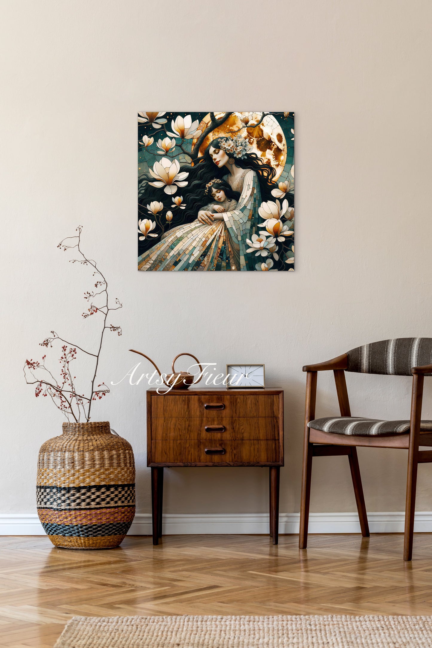 Framed canvas- ready to hang wall art print, abstract mother and daughter portrait Mosaic Magnolia Flowers Whimsical Full Moon