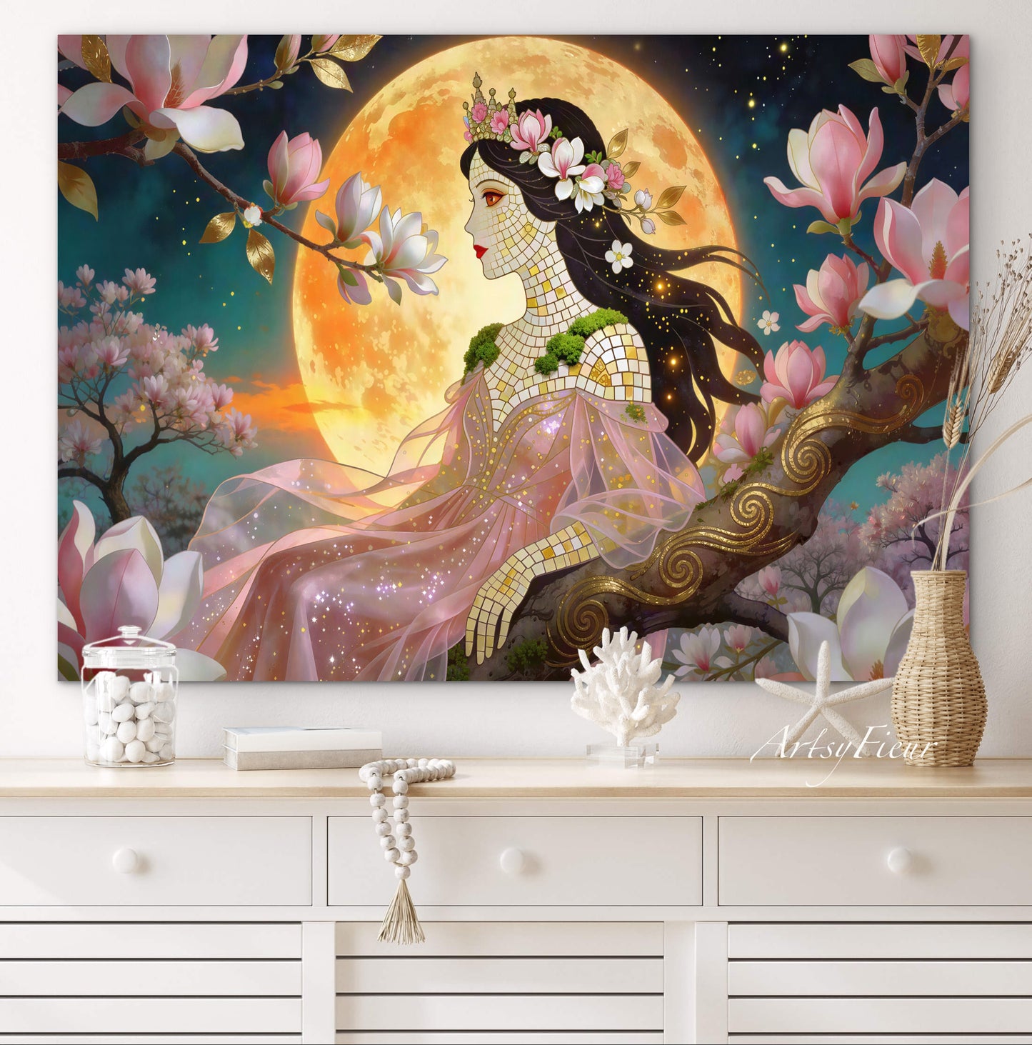 Framed Canvas- Vibrant Magnolia Flowers Beautiful Brunette Woman’s Abstract Portrait Mosaic Original Artwork Fantasy Wall Art Print Mother Nature