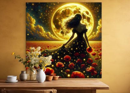 Framed Canvas - Vibrant Poppies Whimsical Full Moon Bride in Poppy Field, Wall Art Ready to hang Oil Painting Original Artwork Print Black Wedding Dress