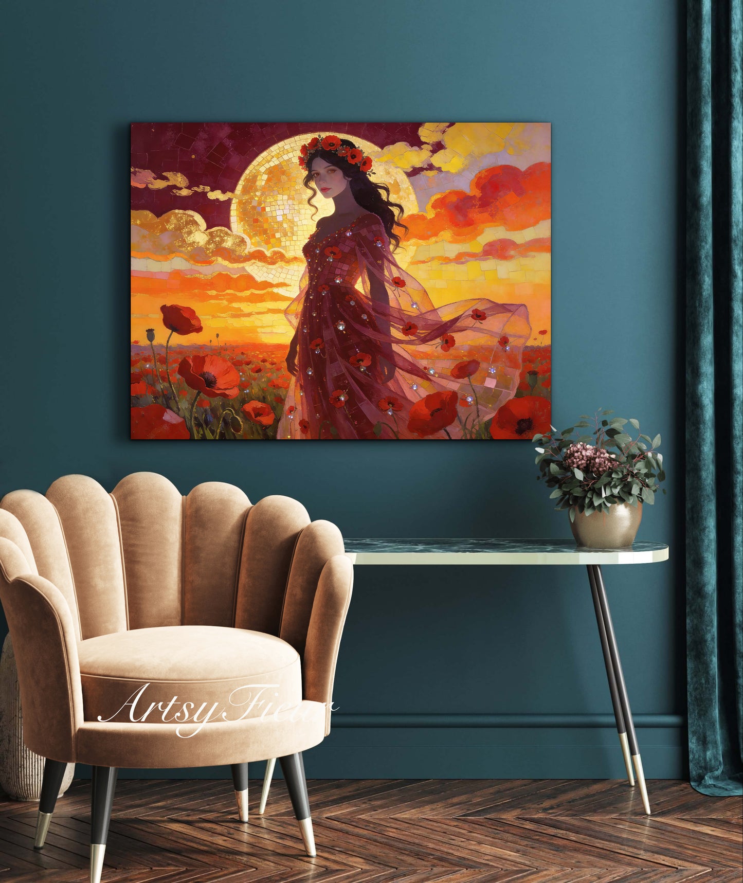 Framed Canvas - Vibrant Poppies Whimsical Full Moon Beautiful Brunette Woman in the Poppy Field, Wall Art Ready to hang Oil Painting Original Artwork Print