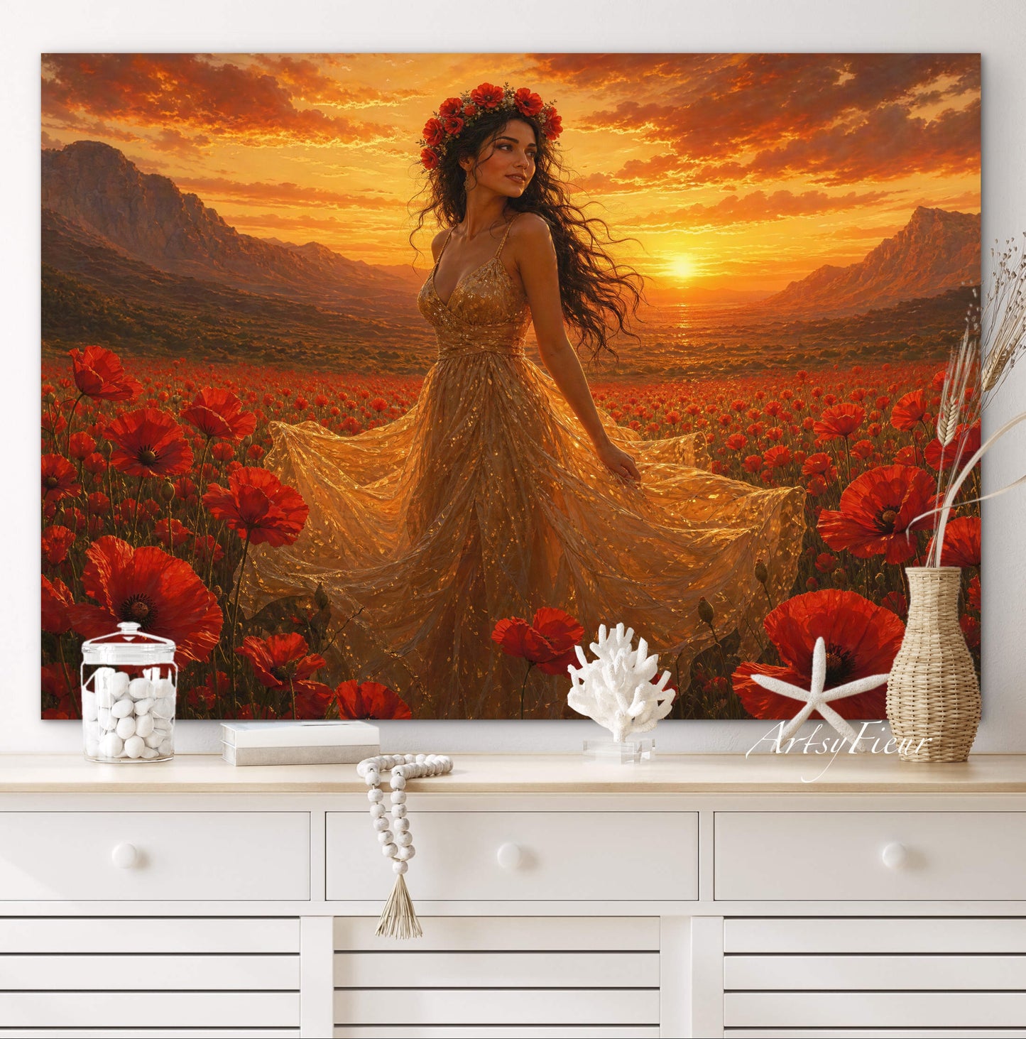 Framed Canvas - Vibrant Poppies Whimsical Full Moon Bride in Poppy Field, Wall Art Ready to hang Oil Painting Original Artwork Print