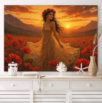 Framed Canvas - Vibrant Poppies Whimsical Full Moon Bride in Poppy Field, Wall Art Ready to hang Oil Painting Original Artwork Print