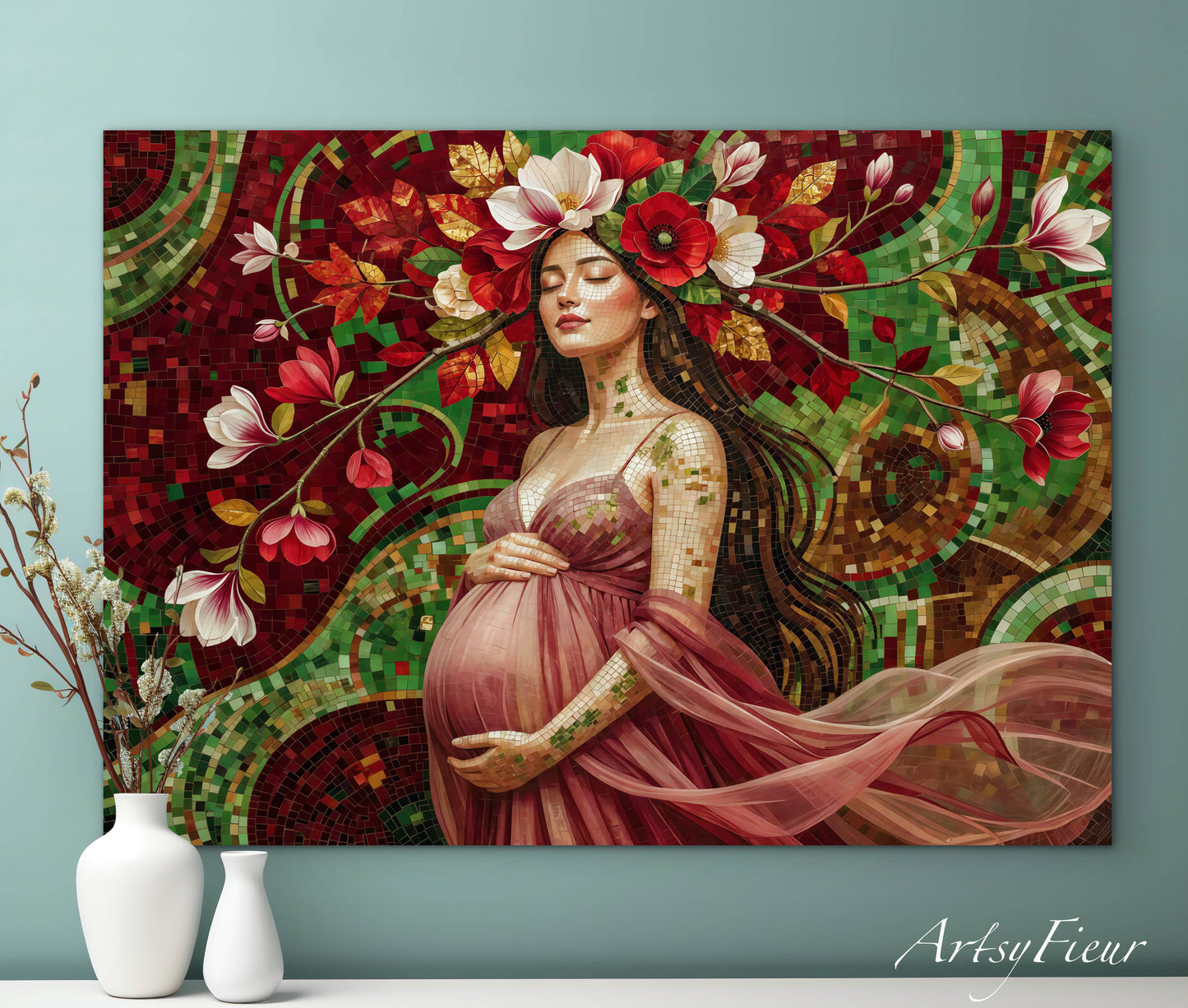 Framed Canvas- Vibrant Magnolia Flowers Beautiful Brunette Pregnant Woman’s Abstract Portrait Mosaic Original Artwork Fantasy Wall Art Print Mother Nature