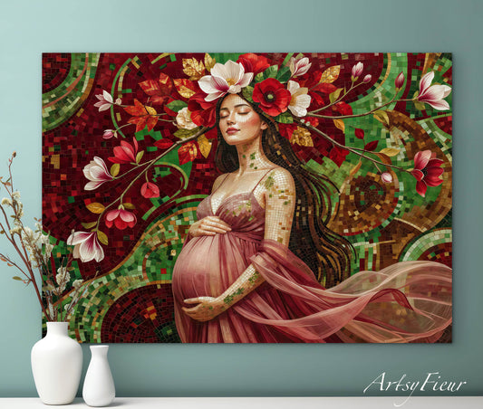Framed Canvas- Vibrant Magnolia Flowers Beautiful Brunette Pregnant Woman’s Abstract Portrait Mosaic Original Artwork Fantasy Wall Art Print Mother Nature