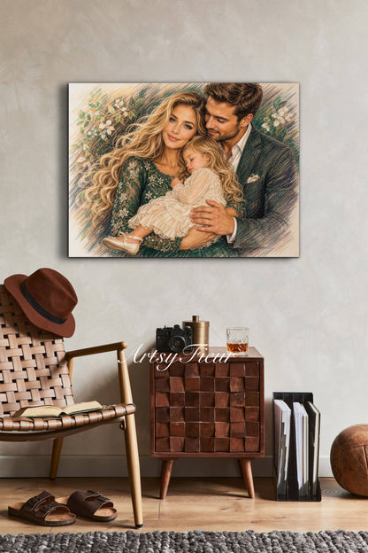 Framed Canvas- Vibrant Mother and Daughter Dad Family Portrait Fantasy Drawing Wall Art Print