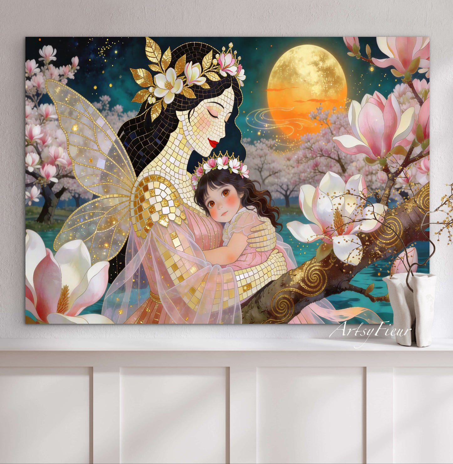 Framed Canvas- Vibrant Magnolia Flowers Mother and Daughter Portrait Original ArtworkFantasy Wall Art