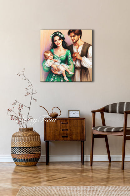 Framed canvas- ready to hang wall art print, colourful drawing abstract family portrait mother and daughter colourful drawing
