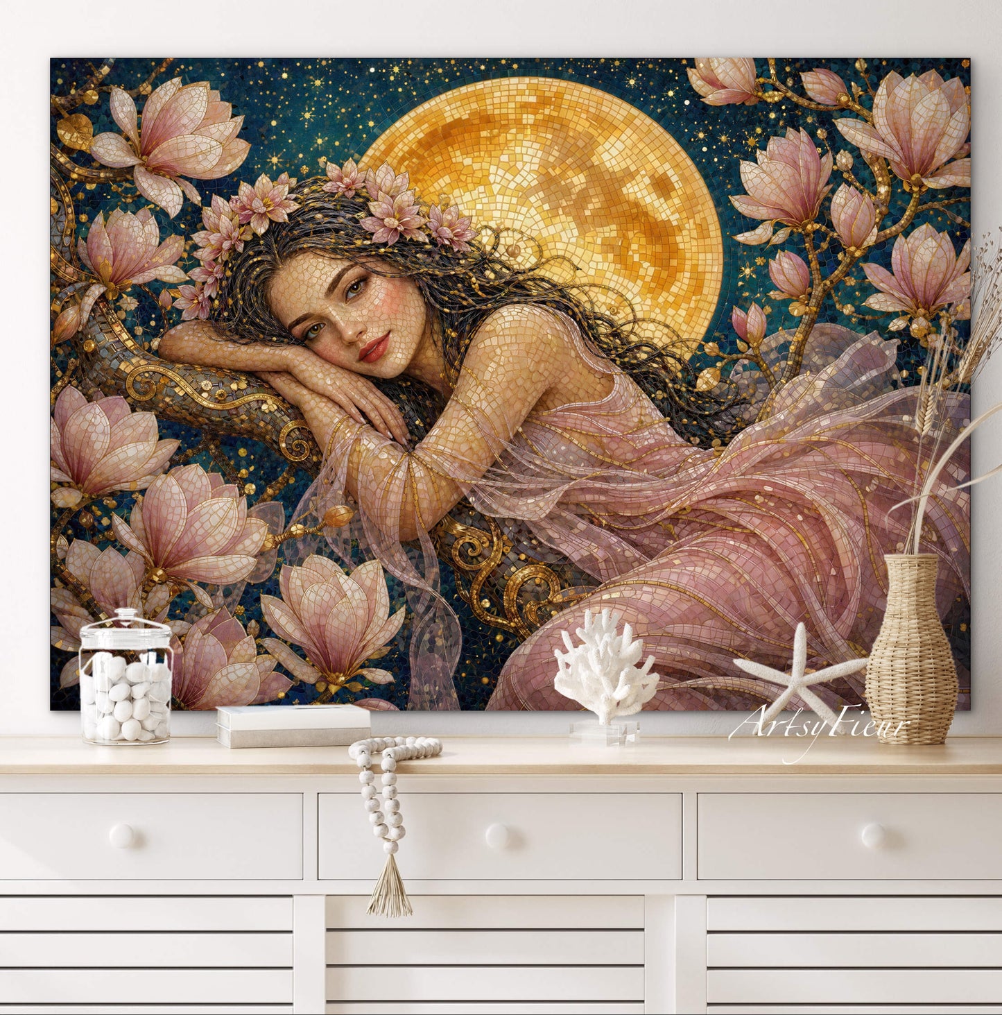 Framed Canvas- Vibrant Magnolia Flowers Beautiful Brunette Woman’s Abstract Portrait Mosaic Original Artwork Fantasy Wall Art Print