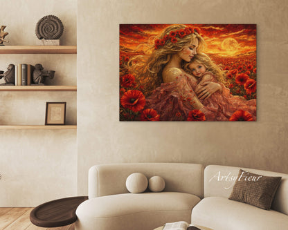 Framed Canvas- Vibrant Poppies Field Mother and Daughter Portrait Whimsical Full Moon Sunset Fantasy Oil Painting Wall Art Print