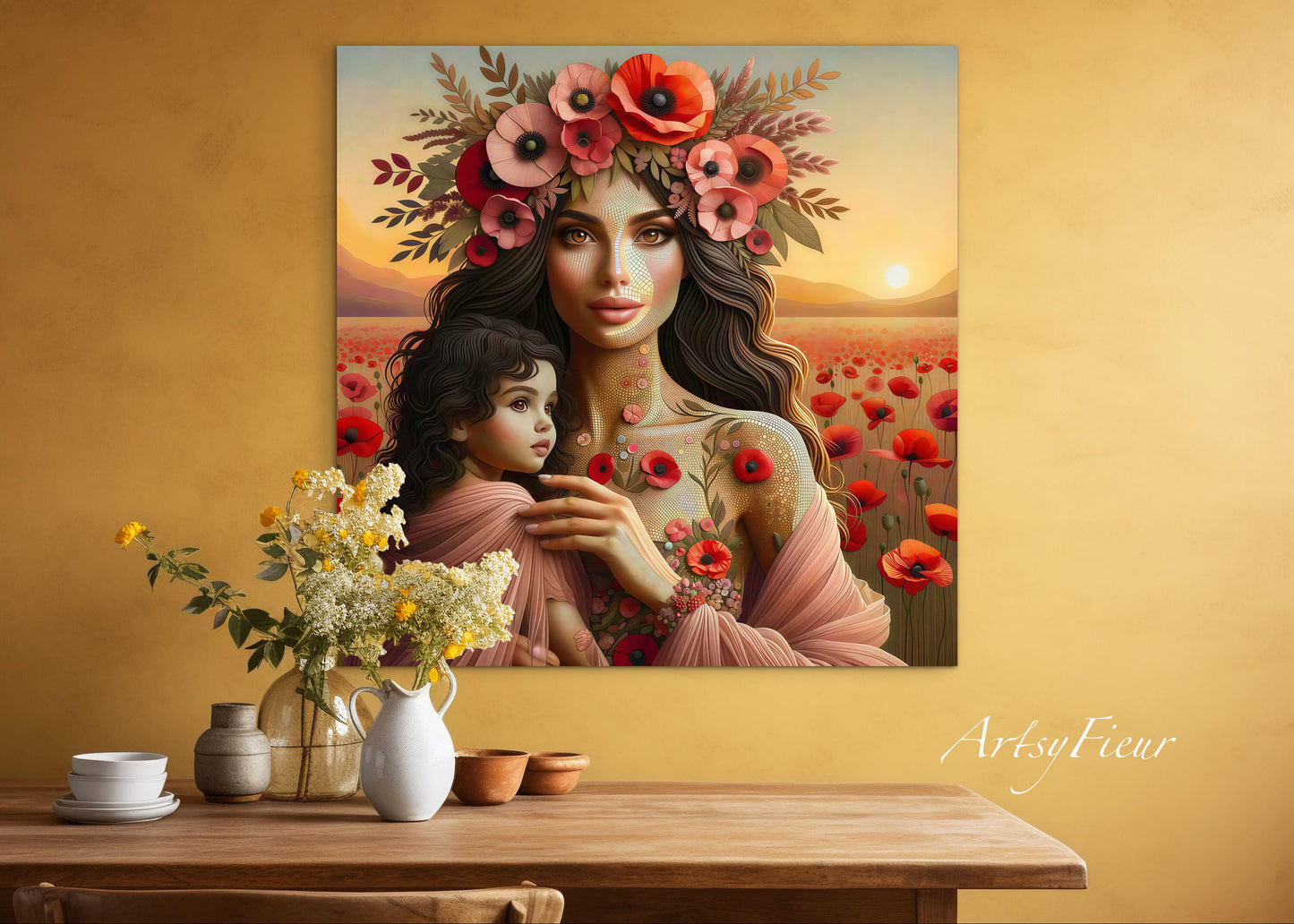 Framed Canvas- Vibrant Poppies Mother and Daughter Portrait Whimsical Full Moon Sunset Fantasy Oil Painting Wall Art Print